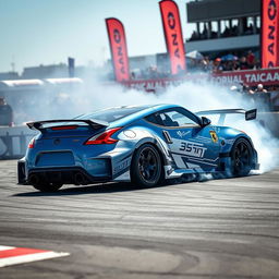 An electrifying scene featuring a Nissan 370Z in action at a Formula Drift competition