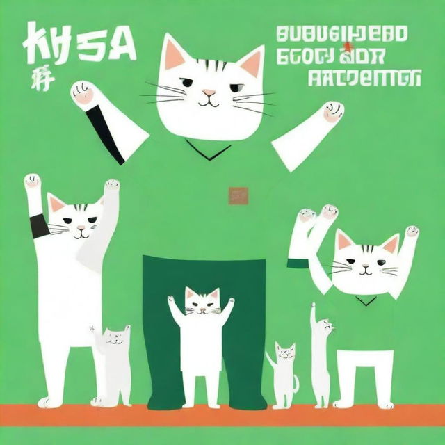 A postcard for Defender of the Fatherland Day, featuring several cats in green t-shirts standing with their arms raised.