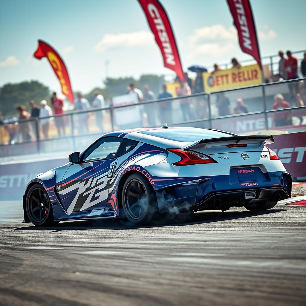 An electrifying scene featuring a Nissan 370Z in action at a Formula Drift competition