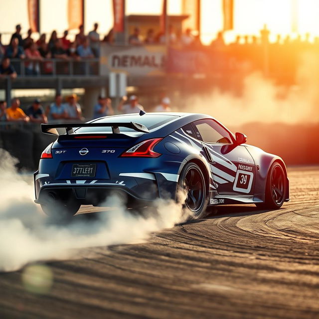 An electrifying scene featuring a Nissan 370Z in action at a Formula Drift competition