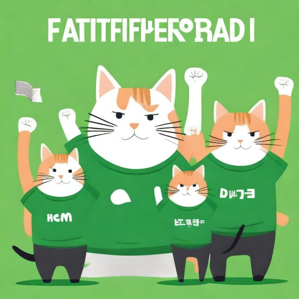 A postcard for Defender of the Fatherland Day, featuring several cats in green t-shirts standing with their arms raised.