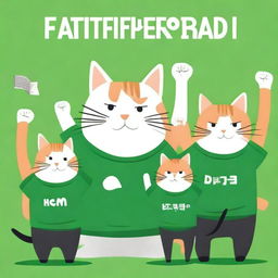 A postcard for Defender of the Fatherland Day, featuring several cats in green t-shirts standing with their arms raised.