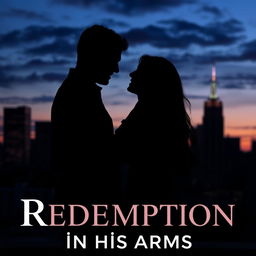 A romantic scene set against a city skyline at dusk, featuring a silhouetted couple embracing passionately