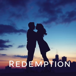 A romantic scene set against a city skyline at dusk, featuring a silhouetted couple embracing passionately