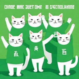 A postcard for Defender of the Fatherland Day, featuring several cats in green t-shirts standing with their arms raised.