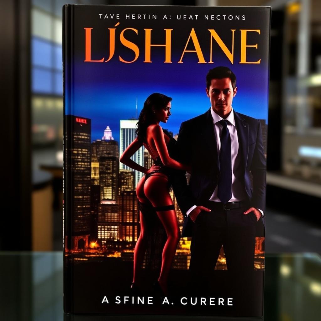 A dramatic book cover featuring a provocative silhouette of a confident woman dressed in elegant but daring attire representing a prostitute, standing in a sultry pose next to a sharply dressed businessman with an air of sophistication