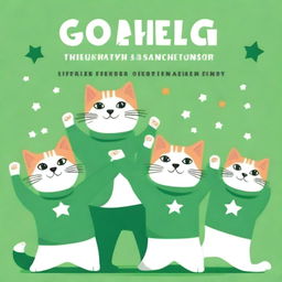 A postcard for Defender of the Fatherland Day, featuring several cats in green t-shirts standing with their arms raised.