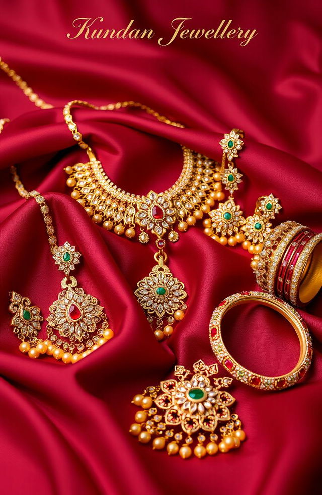 A beautiful display of Kundan jewellery showcasing intricate designs and vibrant colors