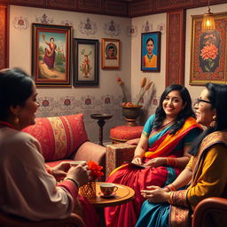 An artistic representation of a traditional South Asian living room, beautifully decorated with rich textiles and intricate designs