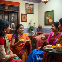 An artistic representation of a traditional South Asian living room, beautifully decorated with rich textiles and intricate designs