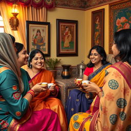 An artistic representation of a traditional South Asian living room, beautifully decorated with rich textiles and intricate designs
