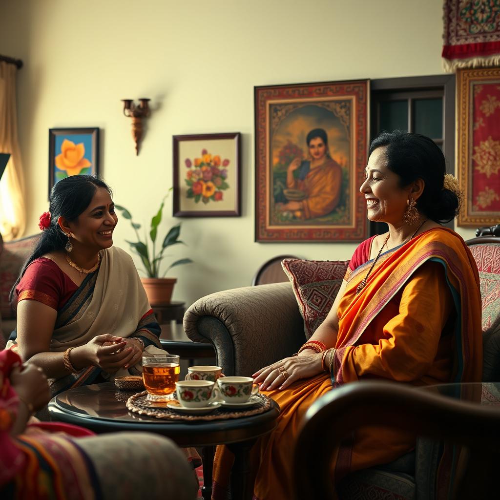 An artistic representation of a traditional South Asian living room, beautifully decorated with rich textiles and intricate designs