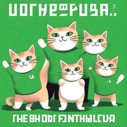 A postcard for Defender of the Fatherland Day, featuring several cats in green t-shirts standing with their arms raised.