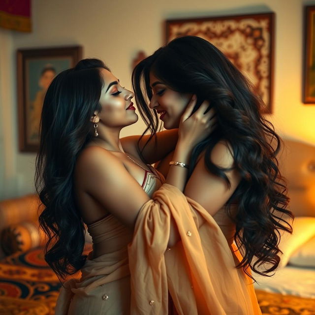 A passionate and intimate scene between two Desi Indian women in a romantic bedroom setting, showcasing their deep connection and tenderness