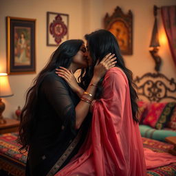 A passionate and intimate scene between two Desi Indian women in a romantic bedroom setting, showcasing their deep connection and tenderness