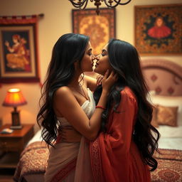 A passionate and intimate scene between two Desi Indian women in a romantic bedroom setting, showcasing their deep connection and tenderness