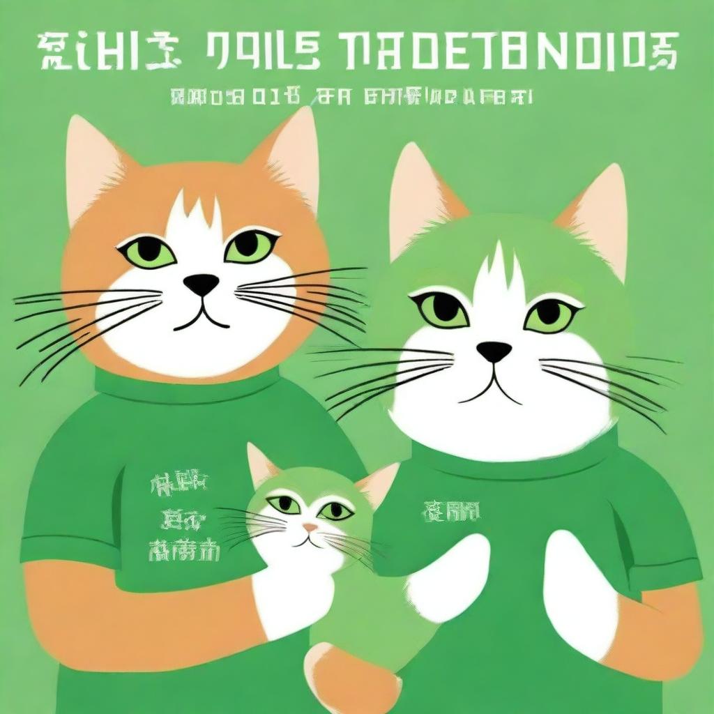 A postcard for Defender of the Fatherland Day, showcasing several cats in green T-shirts celebrating the holiday together.