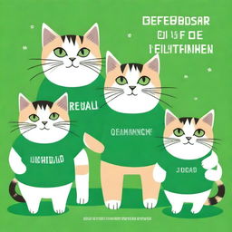 A postcard for Defender of the Fatherland Day, showcasing several cats in green T-shirts celebrating the holiday together.