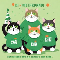 A postcard for Defender of the Fatherland Day, showcasing several cats in green T-shirts celebrating the holiday together.