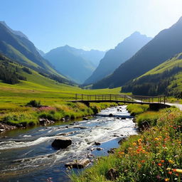 A tranquil and serene landscape featuring a lush, green valley surrounded by majestic mountains under a clear blue sky