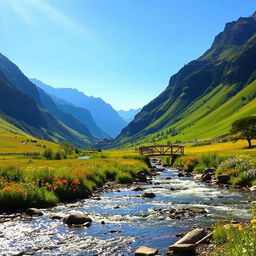 A tranquil and serene landscape featuring a lush, green valley surrounded by majestic mountains under a clear blue sky