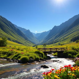 A tranquil and serene landscape featuring a lush, green valley surrounded by majestic mountains under a clear blue sky