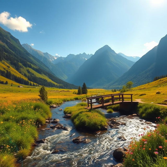 A tranquil and serene landscape featuring a lush, green valley surrounded by majestic mountains under a clear blue sky