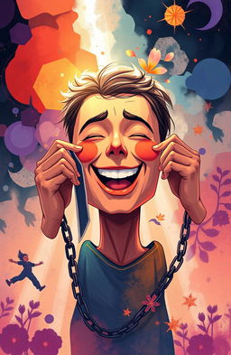 A vibrant and introspective illustration depicting a person unmasking themselves, surrounded by a powerful, emotional backdrop