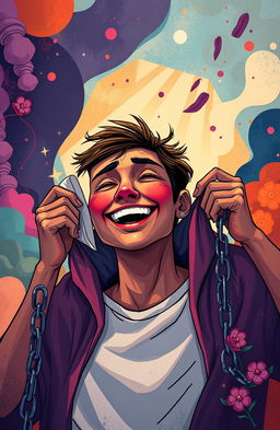 A vibrant and introspective illustration depicting a person unmasking themselves, surrounded by a powerful, emotional backdrop