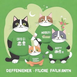 A postcard for Defender of the Fatherland Day, showcasing several cats in green T-shirts celebrating the holiday together.