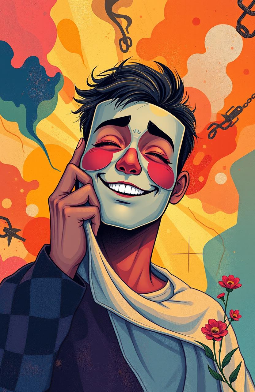 A vibrant and introspective illustration depicting a person unmasking themselves, surrounded by a powerful, emotional backdrop