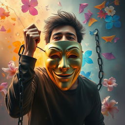 An evocative artwork titled 'Unmasked' portraying a person dramatically unmasking themselves, symbolizing self-discovery and authenticity