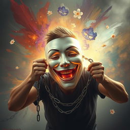 An evocative artwork titled 'Unmasked' portraying a person dramatically unmasking themselves, symbolizing self-discovery and authenticity