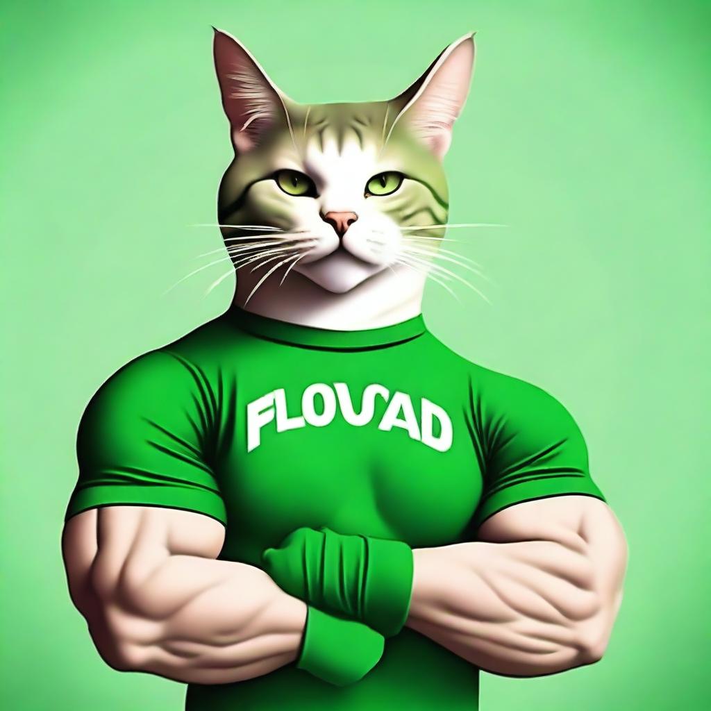 An impressively muscular cat sporting a green T-shirt, proudly flexing its muscles