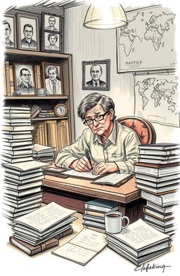 A detailed sketch of a memoirist sitting at a vintage writing desk, surrounded by stacks of papers and books representing a lifetime of experiences dealing with discrimination