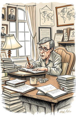 A detailed sketch of a memoirist sitting at a vintage writing desk, surrounded by stacks of papers and books representing a lifetime of experiences dealing with discrimination
