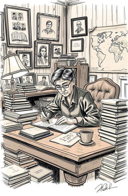 A detailed sketch of a memoirist sitting at a vintage writing desk, surrounded by stacks of papers and books representing a lifetime of experiences dealing with discrimination