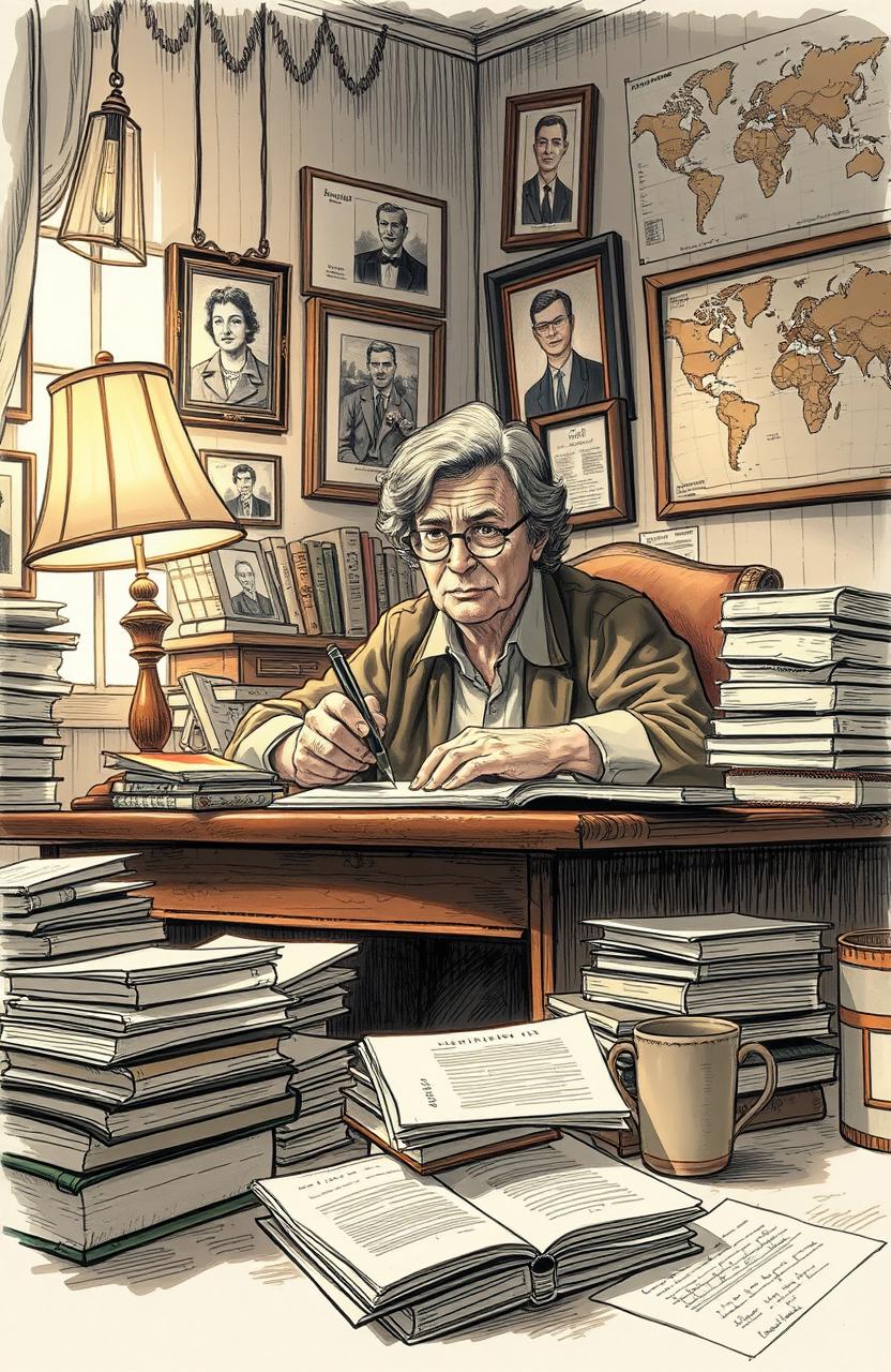 A detailed sketch of a memoirist sitting at a vintage writing desk, surrounded by stacks of papers and books representing a lifetime of experiences dealing with discrimination