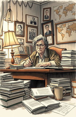 A detailed sketch of a memoirist sitting at a vintage writing desk, surrounded by stacks of papers and books representing a lifetime of experiences dealing with discrimination