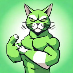 An impressively muscular cat sporting a green T-shirt, proudly flexing its muscles