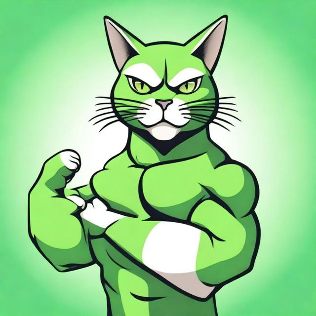 An impressively muscular cat sporting a green T-shirt, proudly flexing its muscles