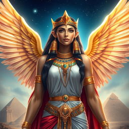 A stunning depiction of the Egyptian goddess Isis, portrayed as a majestic and ethereal figure with intricate golden jewelry and vibrant robes