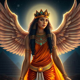 A stunning depiction of the Egyptian goddess Isis, portrayed as a majestic and ethereal figure with intricate golden jewelry and vibrant robes