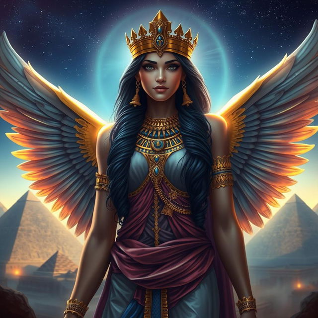 A stunning depiction of the Egyptian goddess Isis, portrayed as a majestic and ethereal figure with intricate golden jewelry and vibrant robes