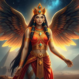 A stunning depiction of the Egyptian goddess Isis, portrayed as a majestic and ethereal figure with intricate golden jewelry and vibrant robes