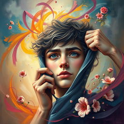 An inspiring and reflective artwork titled 'Unmasked', representing a person unmasking their true self as a metaphor for managing ADHD and overcoming trauma