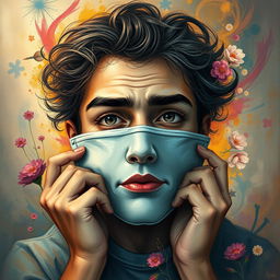 An inspiring and reflective artwork titled 'Unmasked', representing a person unmasking their true self as a metaphor for managing ADHD and overcoming trauma