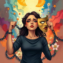 An evocative and empowering illustration titled 'Unmasked', focusing on a woman triumphantly unmasking herself to symbolize her journey in managing ADHD and overcoming trauma