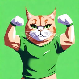 An impressively muscular cat sporting a green T-shirt, proudly flexing its muscles