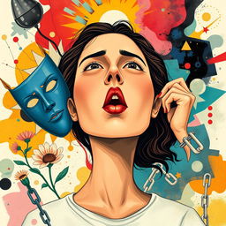 An evocative and empowering illustration titled 'Unmasked', focusing on a woman triumphantly unmasking herself to symbolize her journey in managing ADHD and overcoming trauma